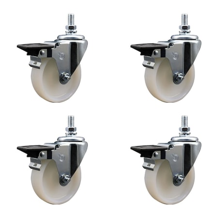 Service Caster 4 Inch Nylon 10 MM Threaded Stem Caster Set with Brake SCC-TS20S414-NYS-PLB-M1015-4
